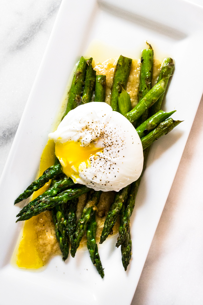 Asparagus with a Poached Egg and Roasted Garlic Miso Butter