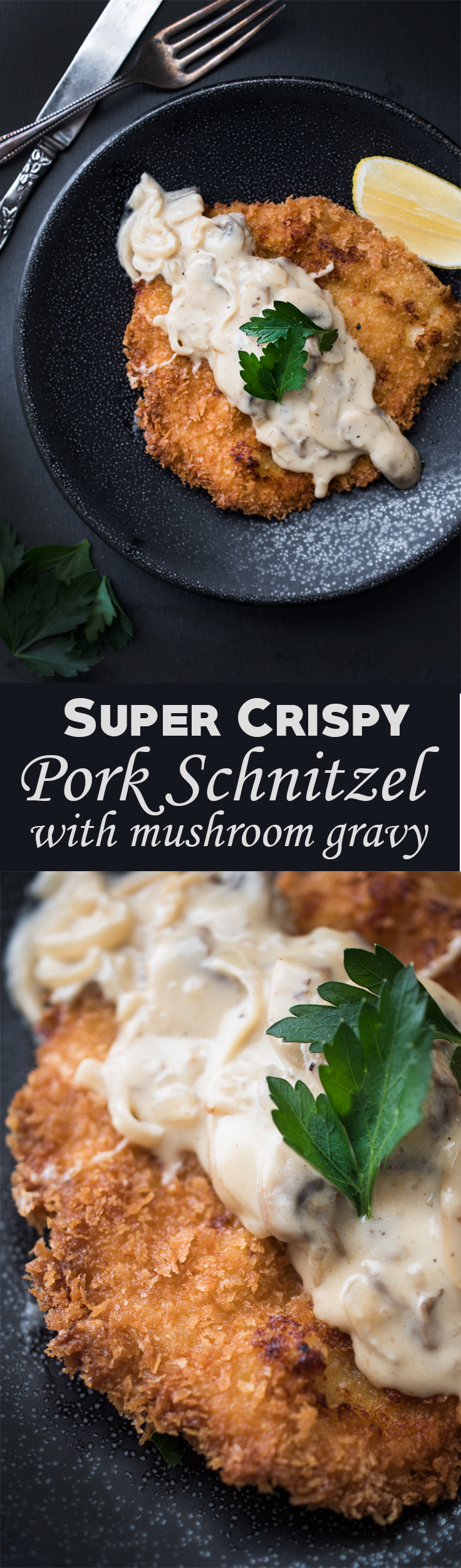 Pork Schnitzel with Mushroom Gravy - Battered, tender pork, fried until golden-brown and topped with a creamy mushroom gravy!