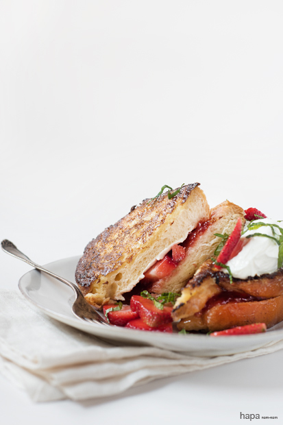 Strawberry French Toast - Filled with Strawberry Preserves, Cream Cheese, and topped with Sour Cream and Mint