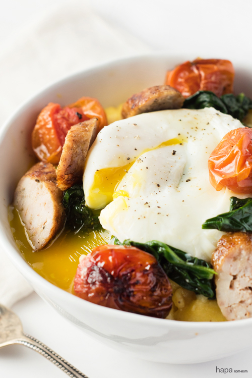 Polenta Breakfast Bowl with Spinach, Roasted Tomatoes, and Turkey Sausage