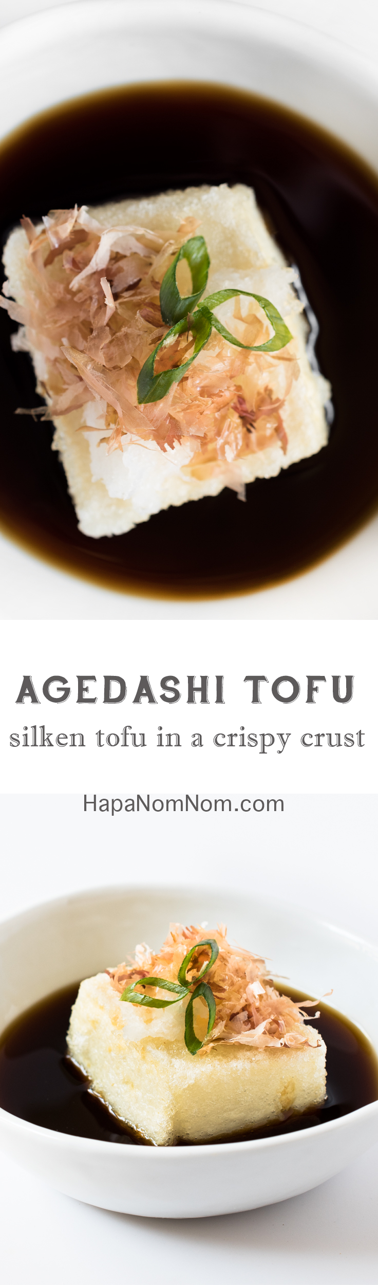 silky tofu encased in a thin, crispy crust and sits in a shallow dashi-based broth. Topped with a little daikon radish, katsuobushi, and sliced scallions -this dish is delicate in flavor and elegant in presentation.