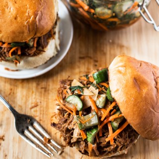 Slow Cooker Korean Pulled Pork with Cucumber Kimchi and Gochujang BBQ Sauce