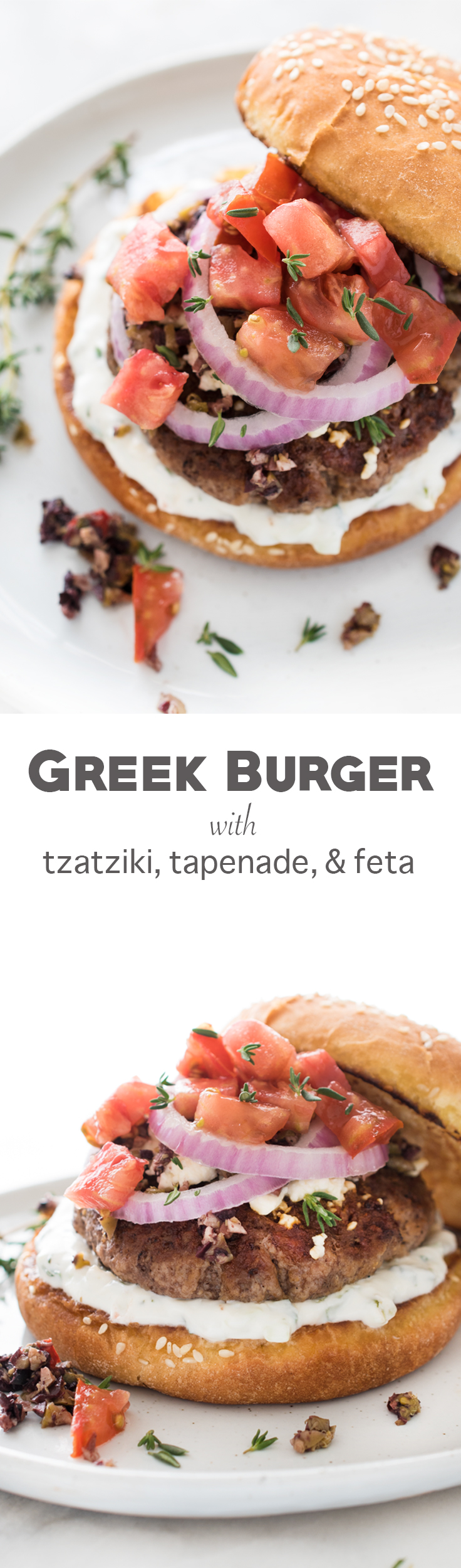 Greek Inspired Burger with Tzatziki, Tapenade, and Feta