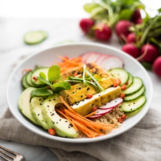 30 minute Asian-Style Tofu Buddha Bowl with a sesame-lime dressing. Vegan friendly, nourishing, and delicious!