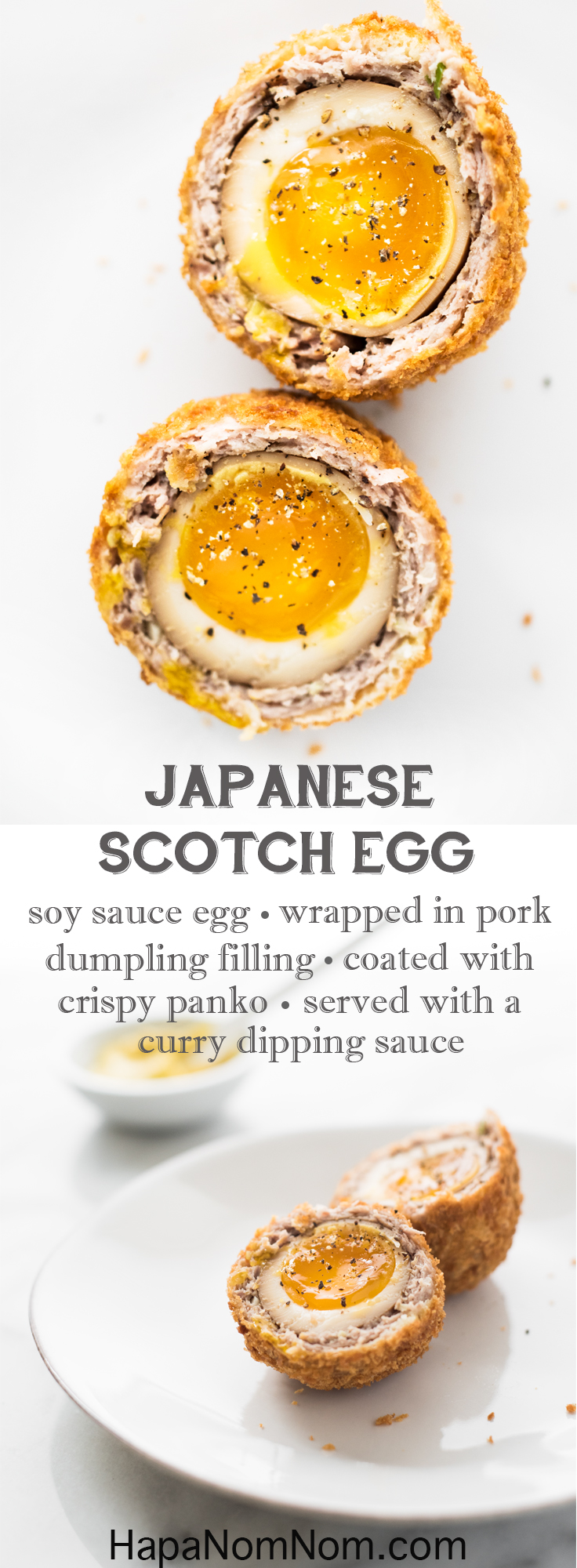 Creamy soy sauce marinated egg, wrapped in a delicious pork dumpling filling, and coated with super crispy panko, and dipped in a curry-mayo sauce. Mind blown! 