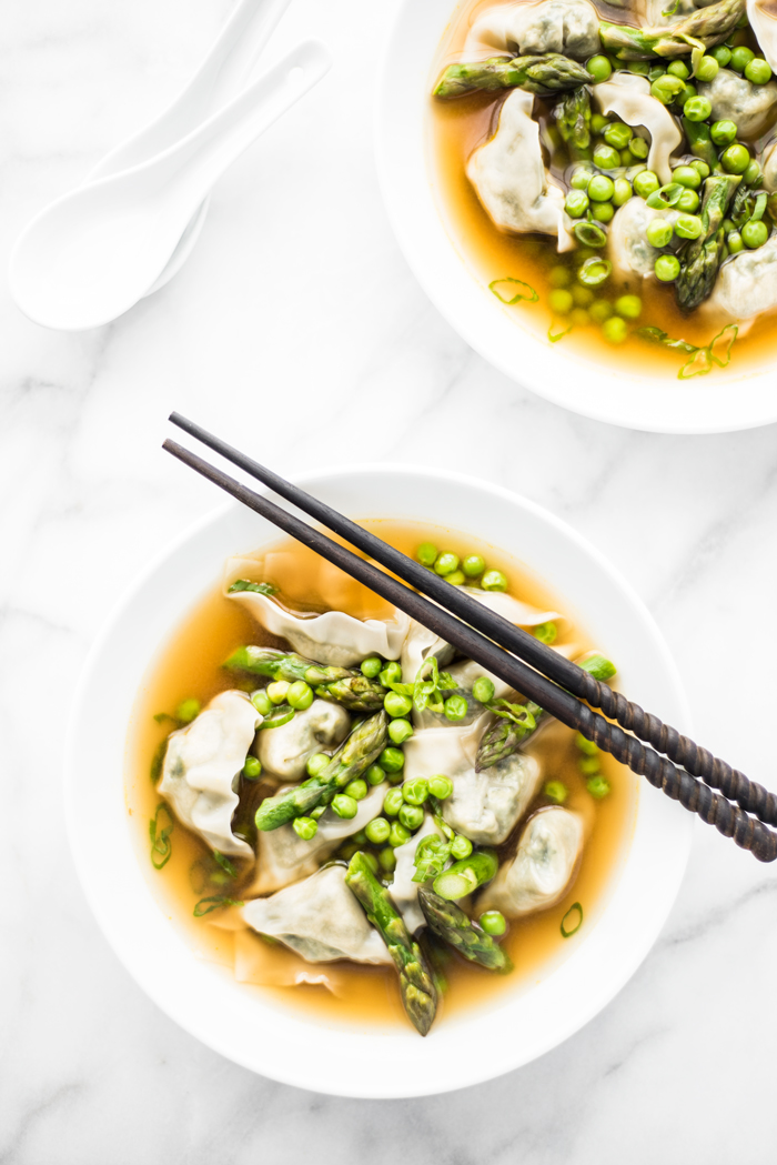 Embrace the season and make this easy Spring Vegetable Wonton Soup! Vegetarian/Vegan friendly + a VIDEO!