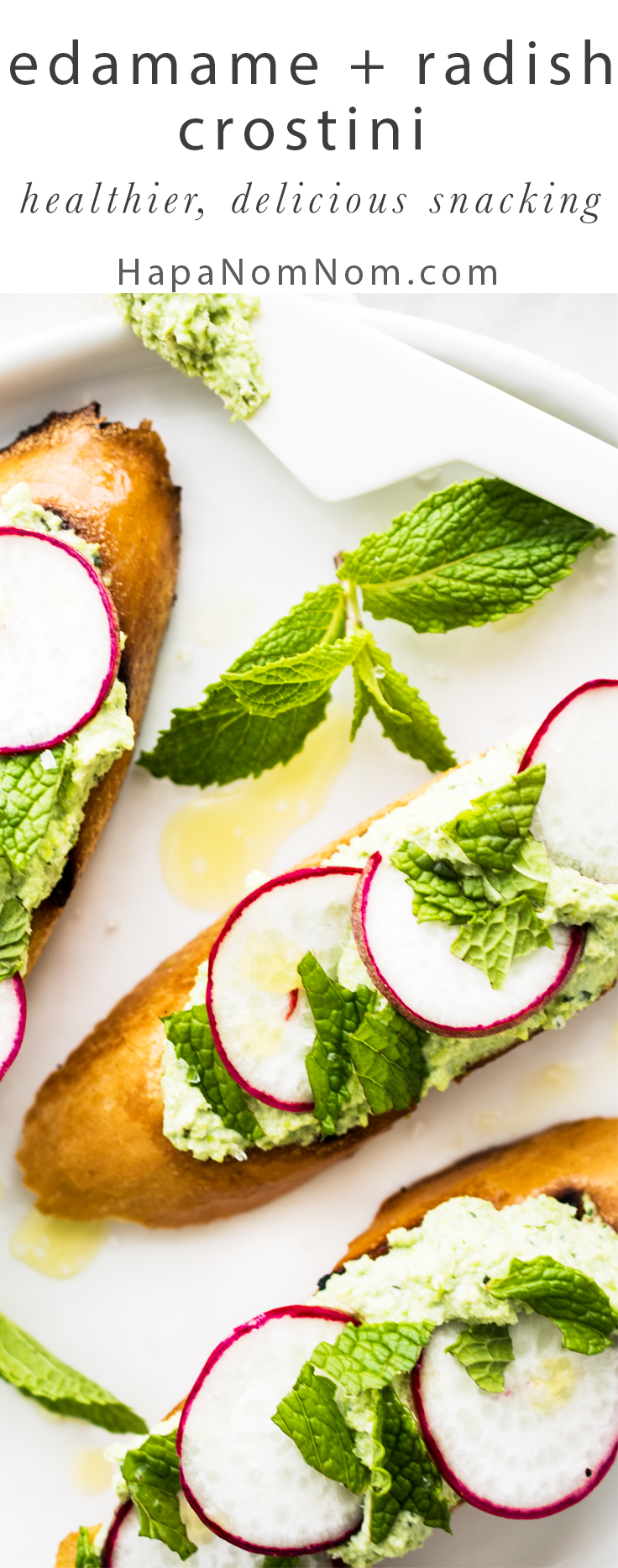Edamame & Ricotta spread with thinly sliced radishes, mint, and sea salt on toasted bread. Ready for snacking in about 10 minutes! 