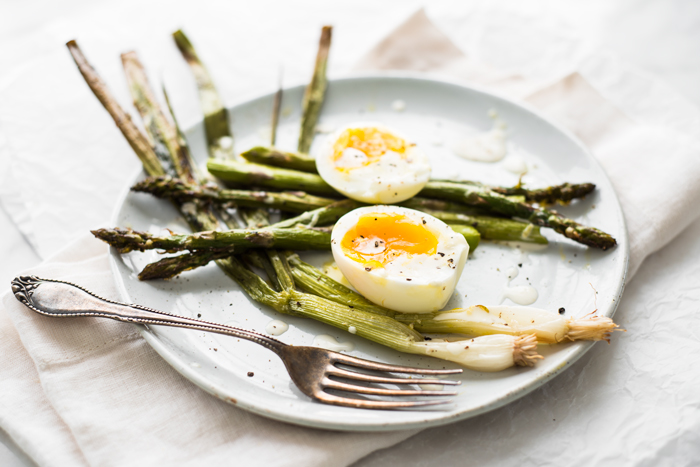 Roasted Asparagus and Scallions with Perfectly Creamy Eggs and a Lemon Dressing