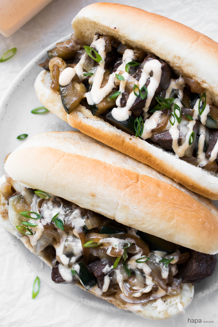 Japanese Steak Sandwich with Hibachi Steak Sauce - It's a bit of Japanese steakhouse meets a Philly cheese steak. And yes, it's as awesome as it sounds! This is like shovel into your mouth, don't care who see's you dripping steak juice all over, kind of awesome! 