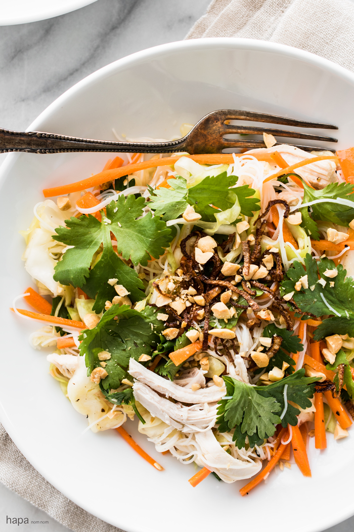 Crispy, crunchy cabbage-based salad with ginger-garlic poached chicken, vermicelli rice noodles, and a dressing that will knock your sock off! 