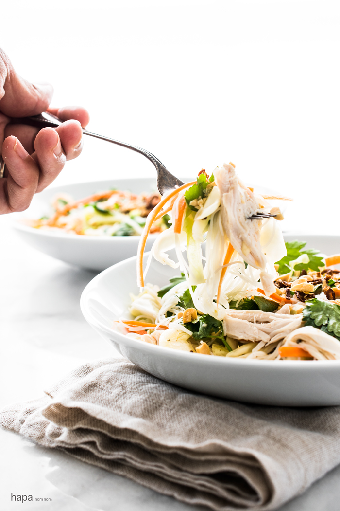 Crispy, crunchy cabbage-based salad with ginger-garlic poached chicken, vermicelli rice noodles, and a dressing that will knock your sock off! 