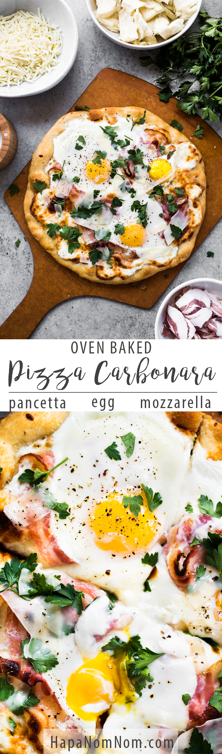 Roasted garlic, crispy pancetta, creamy sunny-side up eggs, and ooey-gooey cheese - makes this Pizza Carbonara irresistible! 
