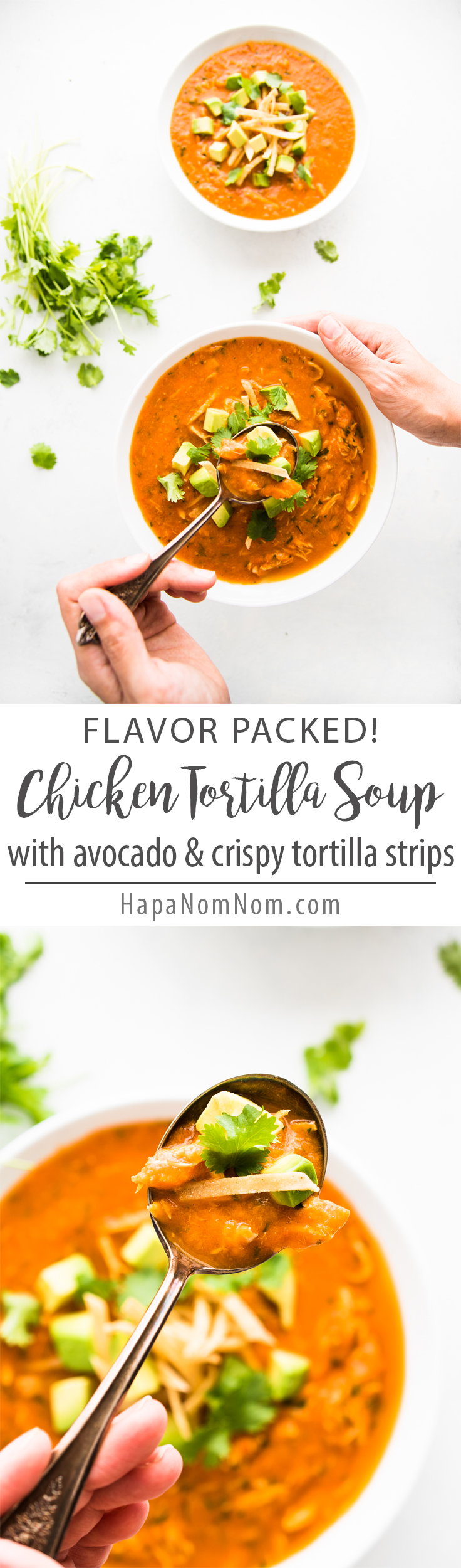 Easy and healthy Chicken Tortilla Soup made with fresh tomatoes and topped with avocado and crispy tortilla strips. 