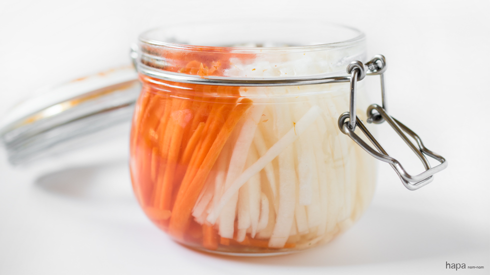 Do Chua is a Vietnamese staple of pickled carrots and daikon. The acidity pairs perfectly with grilled meats - Ban Mi, Bun Thit Nuong, or even on grilled hot dogs.