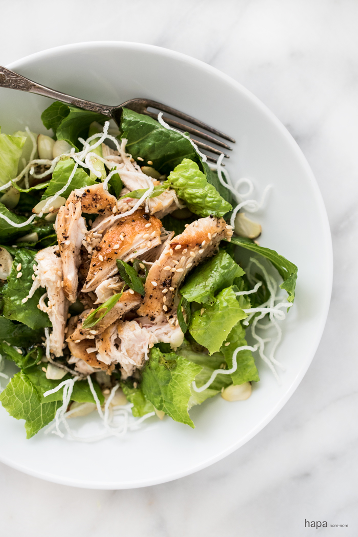 Juicy strips of chicken on a bed of crisp greens, crunchy rice sticks, toasted sesame seeds, almonds, all topped with a peppery and sweet dressing!