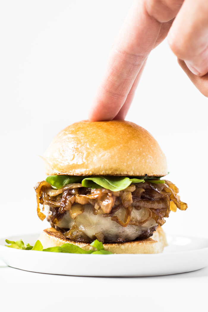 Mini Burgers with Caramelized Onions & Roasted Garlic Butter