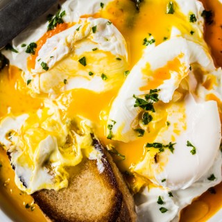 Dense garlicky yogurt swirled into a spiced butter and the richness of a poached egg. Dip a warm piece of toasted rustic bread into the golden sunrise of colors, and you've got heaven on a plate.