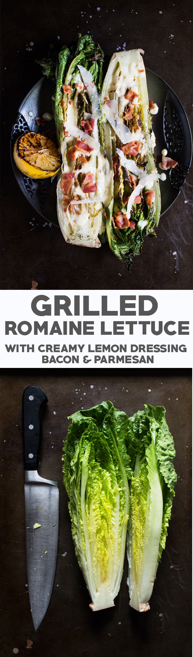 Char grilled romaine hearts, tangy dressing, crispy bacon, and nutty parmesan cheese. You've got to give this Grilled Romaine Lettuce with Creamy Lemon Dressing a try! 