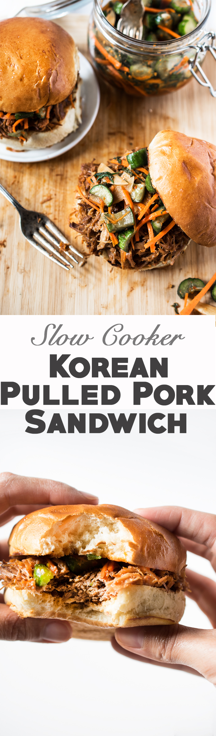 Slow Cooker Korean Pulled Pork with Cucumber Kimchi and Gochujang BBQ Sauce
