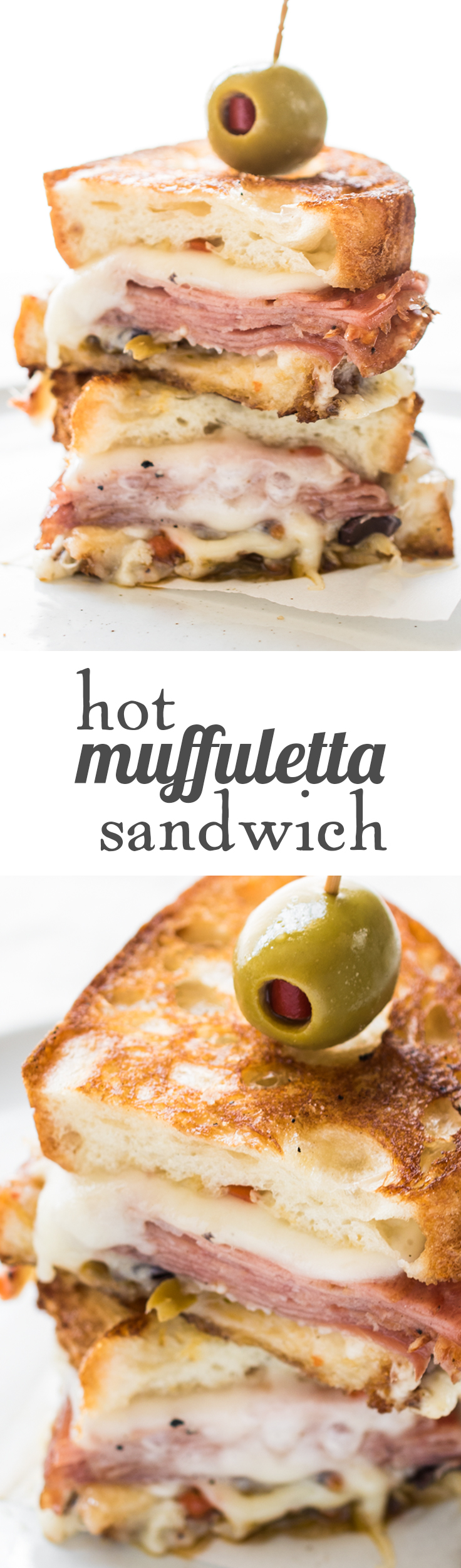 A Hot Muffaletta Sandwich dripping with cheese and packed with punch!