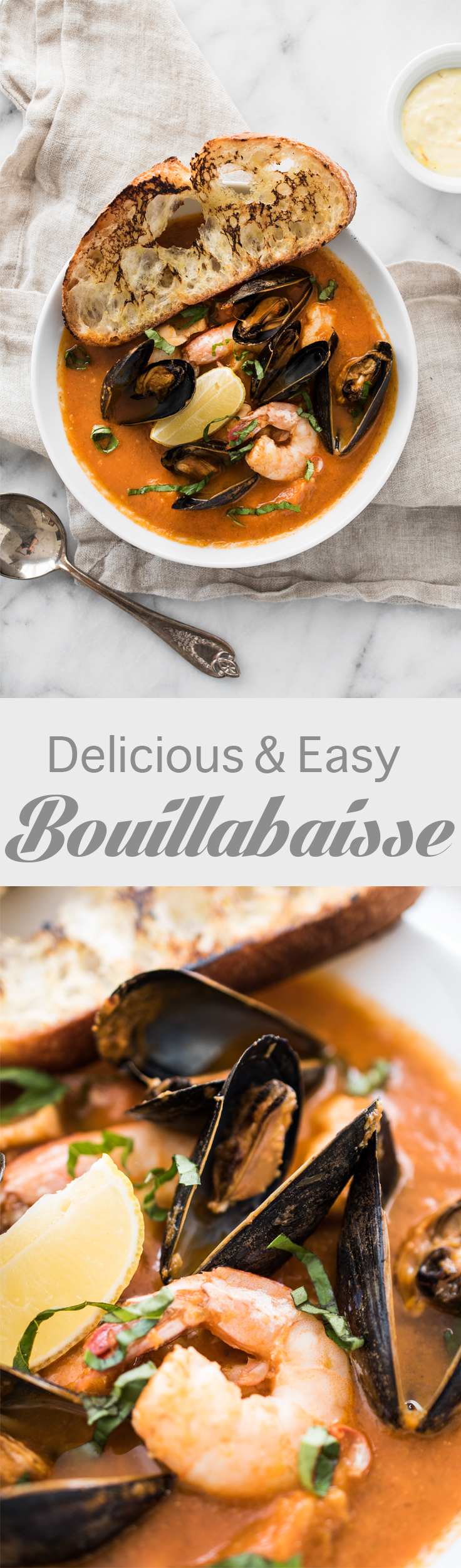 Easy Bouillabaisse - Fresh fish, mussels, clams, and shrimp in a rich broth and served with crusty saffron aioli toast.