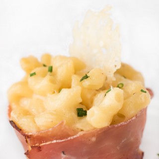 Creamy Macaroni & Cheese in a crispy Prosciutto Cup and topped with a lacy parmesan wafer - comfort food made elegant, but it couldn't be easier to make!