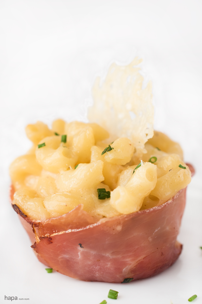 Creamy Macaroni & Cheese in a crispy Prosciutto Cup and topped with a lacy parmesan wafer - comfort food made elegant, but it couldn't be easier to make!
