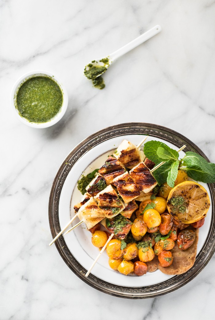 The ultimate grilled cheese - Halloumi Skewers with Roasted Tomatoes and a Spicy Green Chutney. Serve with warm Naan, and you've got one incredible meal!