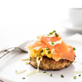 Enjoy a special Irish breakfast of Smoked Salmon and Egg Boxty with an Avocado Crème Fraîche Sauce