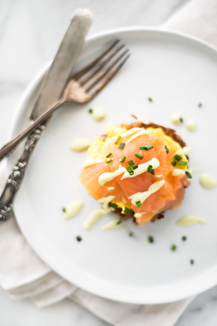 Enjoy a special Irish breakfast of Smoked Salmon and Egg Boxty with an Avocado Crème Fraîche Sauce