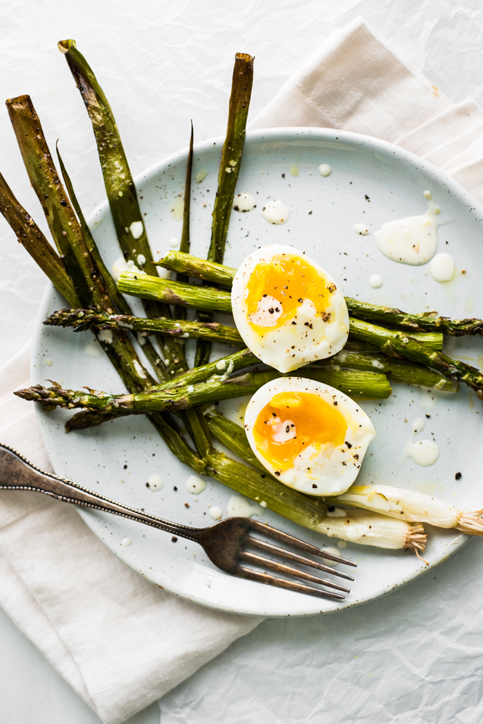 Roasted Asparagus and Scallions with Perfectly Creamy Eggs and a Lemon Dressing