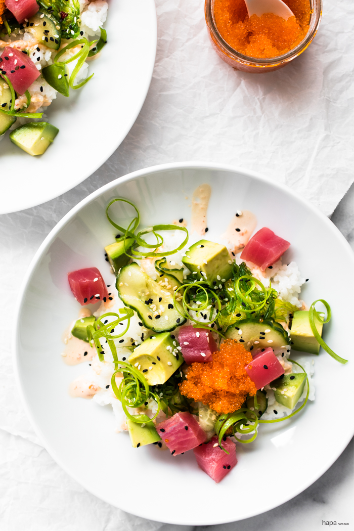 Light, refreshing Avocado Tuna Poke Bowl - loaded with healthy ingredients and complimenting flavors and textures! There's a lot going on in one little bite!