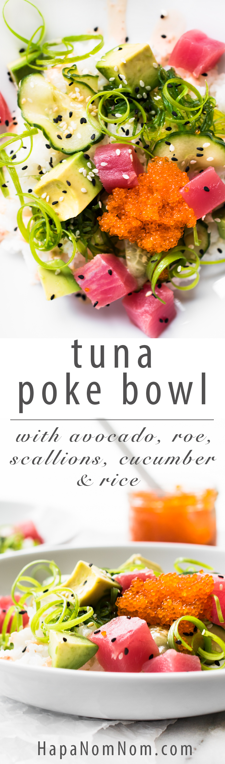 Light, refreshing Avocado Tuna Poke Bowl - loaded with healthy ingredients and complimenting flavors and textures! There's a lot going on in one little bite!