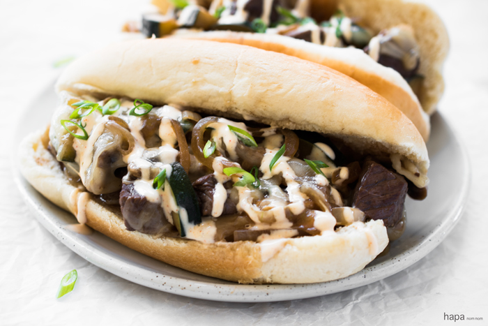 Japanese Steak Sandwich with Hibachi Steak Sauce - It's a bit of Japanese steakhouse meets a Philly cheese steak. And yes, it's as awesome as it sounds! This is like shovel into your mouth, don't care who see's you dripping steak juice all over, kind of awesome! 