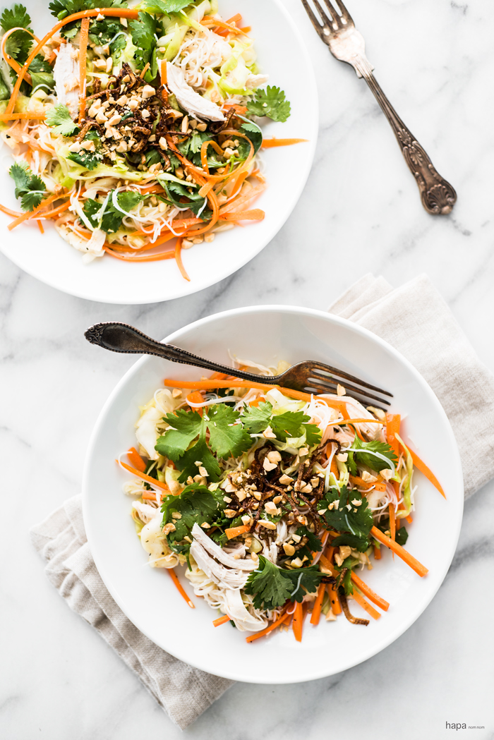 Crispy, crunchy cabbage-based salad with ginger-garlic poached chicken, vermicelli rice noodles, and a dressing that will knock your sock off! 