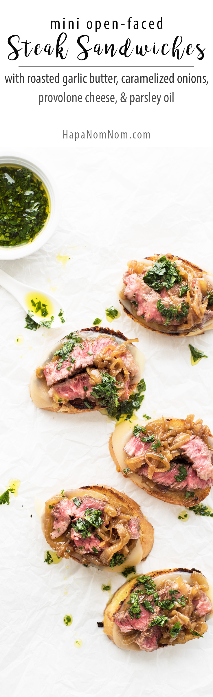 Prepare your taste buds for these incredible steak sandwiches! Tender, juicy steak on crusty garlic bread, with aged provolone cheese, rich caramelized onions, and a drizzle of parsley oil. 