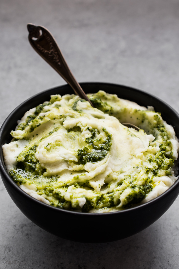 Super Creamy Roasted Garlic Mashed Potatoes with Basil Pesto