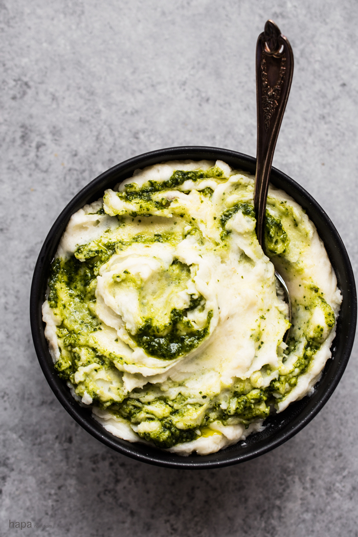 Super Creamy Roasted Garlic Mashed Potatoes with Basil Pesto