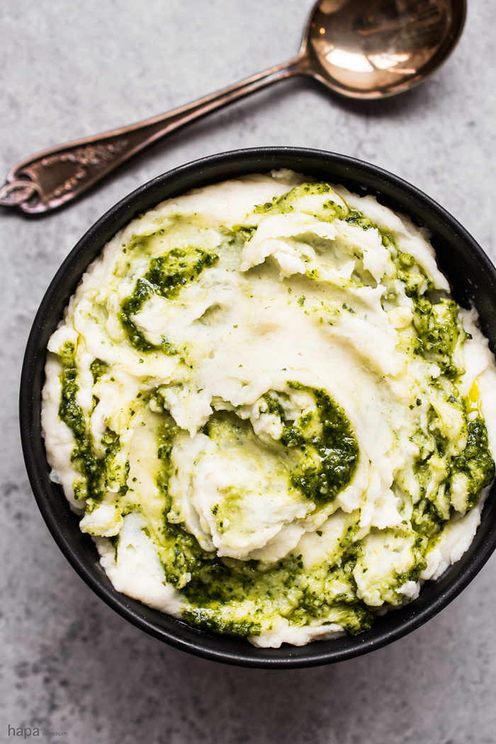 Super Creamy Roasted Garlic Mashed Potatoes with Basil Pesto