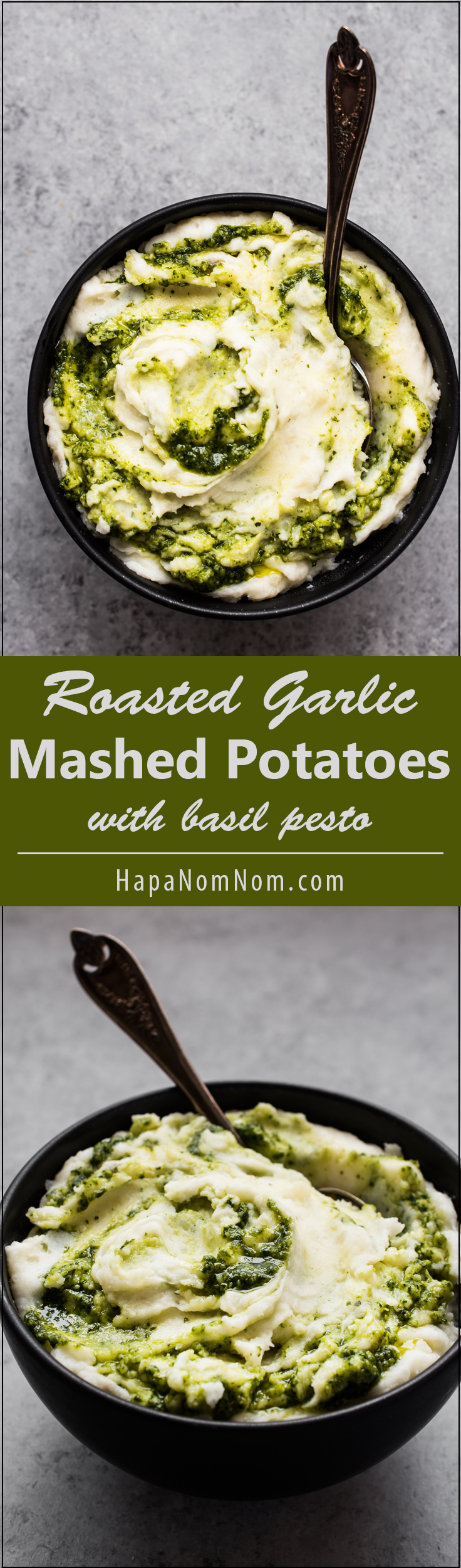 Super Creamy Roasted Garlic Mashed Potatoes with Basil Pesto