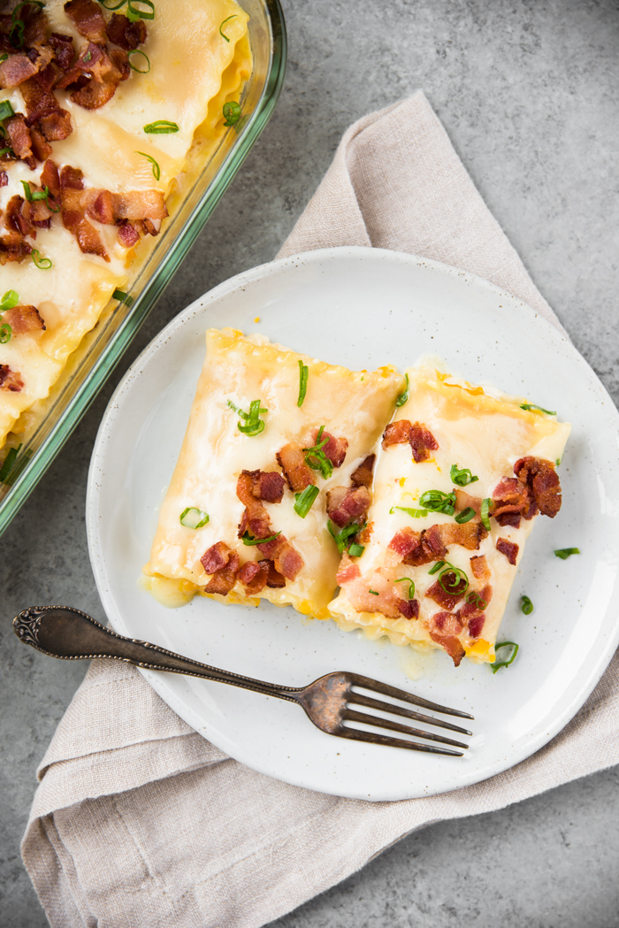 Roasted Kabocha Lasagna with Sake Cream Sauce and Crispy Bacon