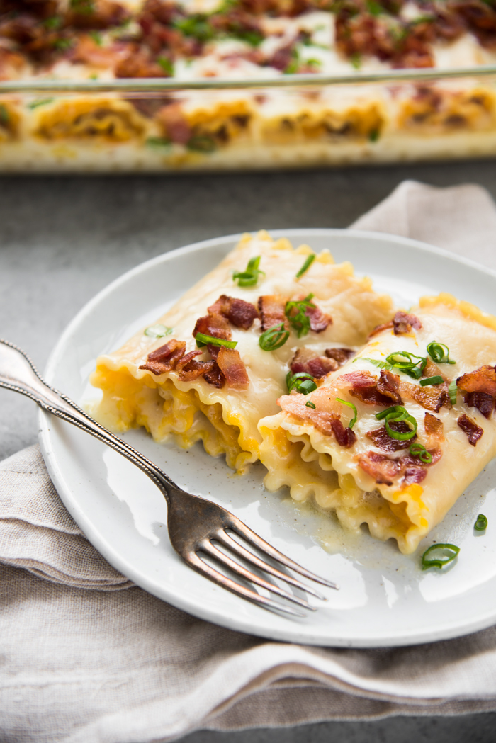 Roasted Kabocha Lasagna with Sake Cream Sauce and Crispy Bacon