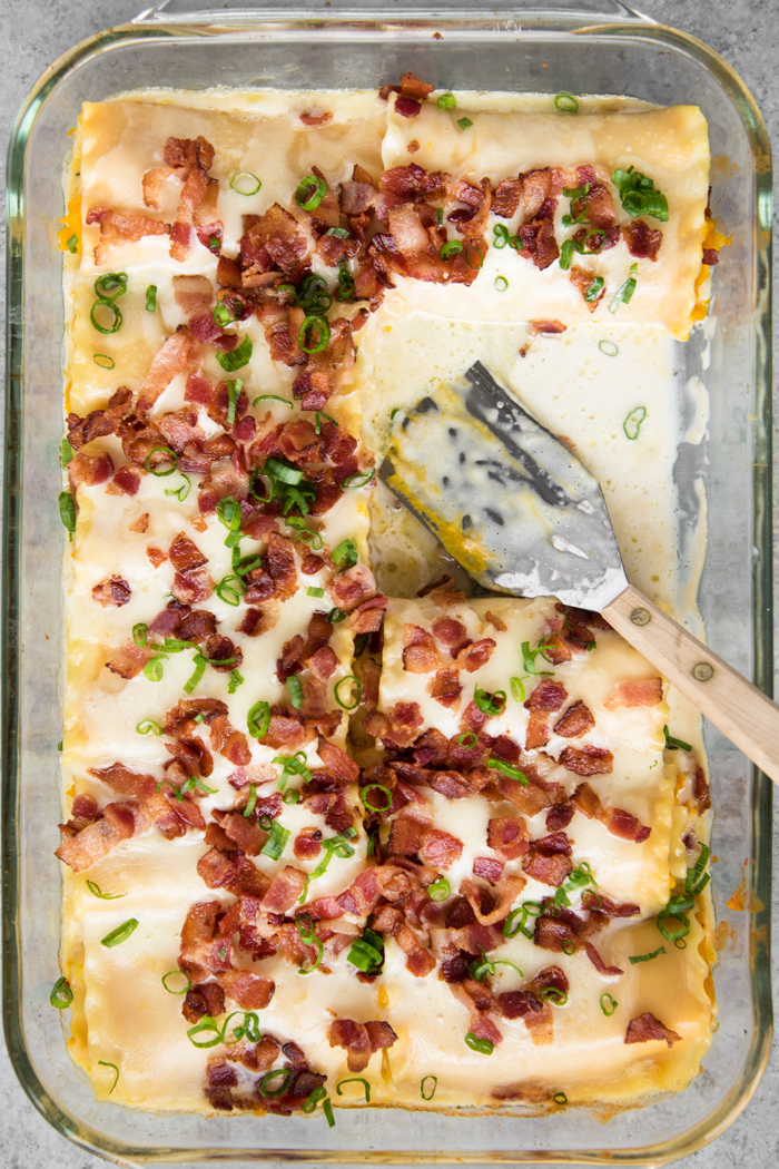 Roasted Kabocha Lasagna with Sake Cream Sauce and Crispy Bacon