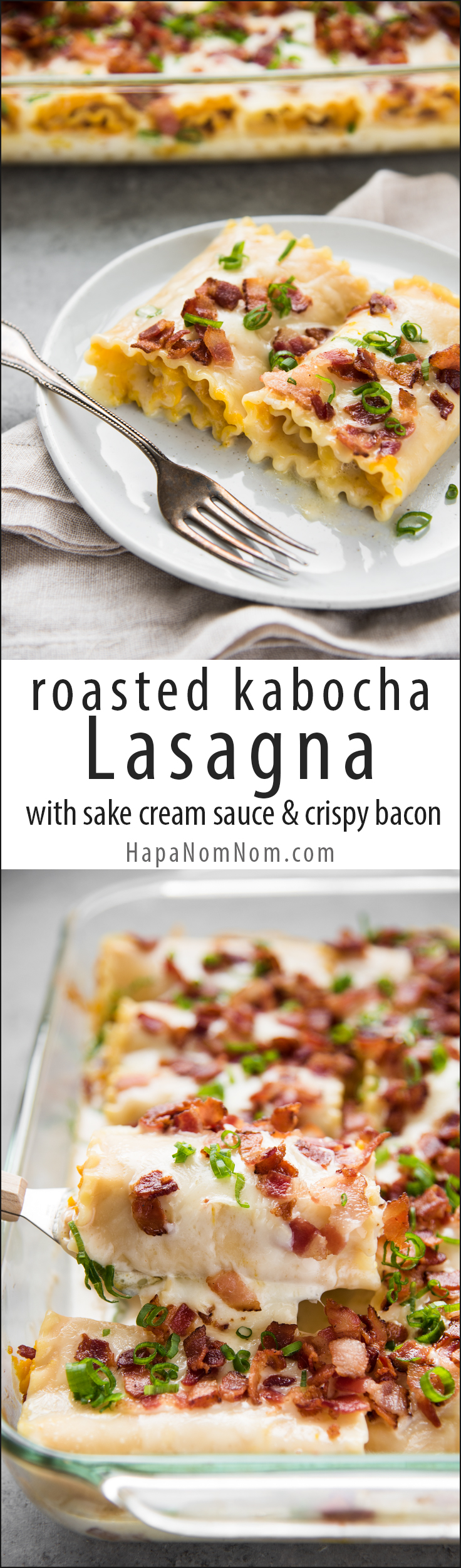 Roasted Kabocha Lasagna with Sake Cream Sauce and Crispy Bacon